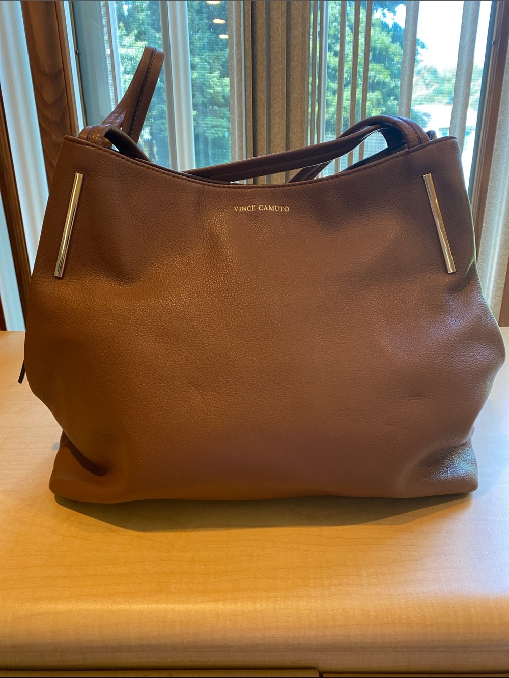 Vince Camuto Chocolate Brown Pebbled Leather Shoulder Bag